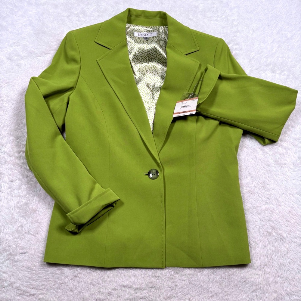 NEW Kasper Blazer Women 12 Palm Green Single Button Notch Lapel Cuffed Slv $99 - Picture 2 of 15